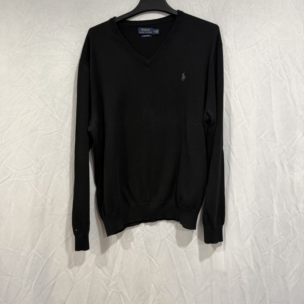 Polo Ralph Lauren Sweater Mens XL Black‎ V Neck Cotton Knit Pullover